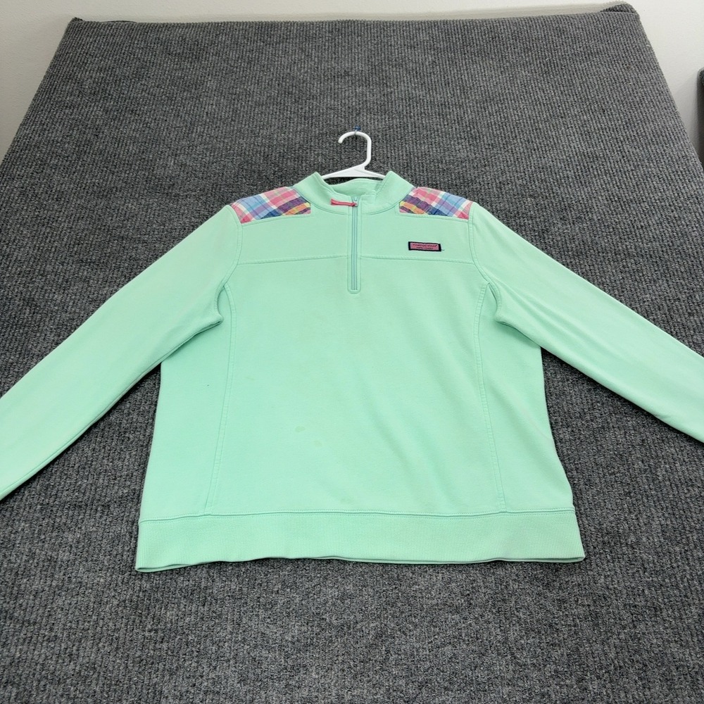 Vineyard Vines Pullover Womens L Green Cotton Plaid Trim Quarter Zip Preppy